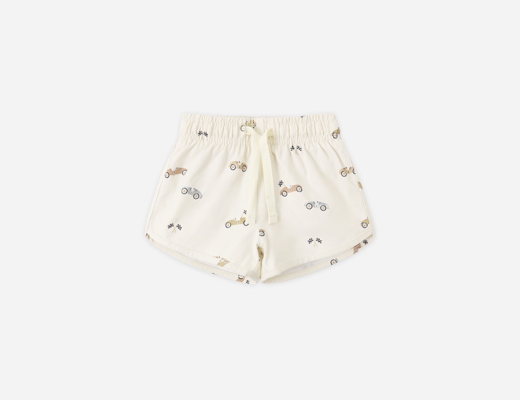 Rylee & Cru Boys Swim Short in Race Car, cream swim trunks with a small race car print, front view