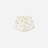 Rylee & Cru Boys Swim Short in Race Car, cream swim trunks with a small race car print, front view