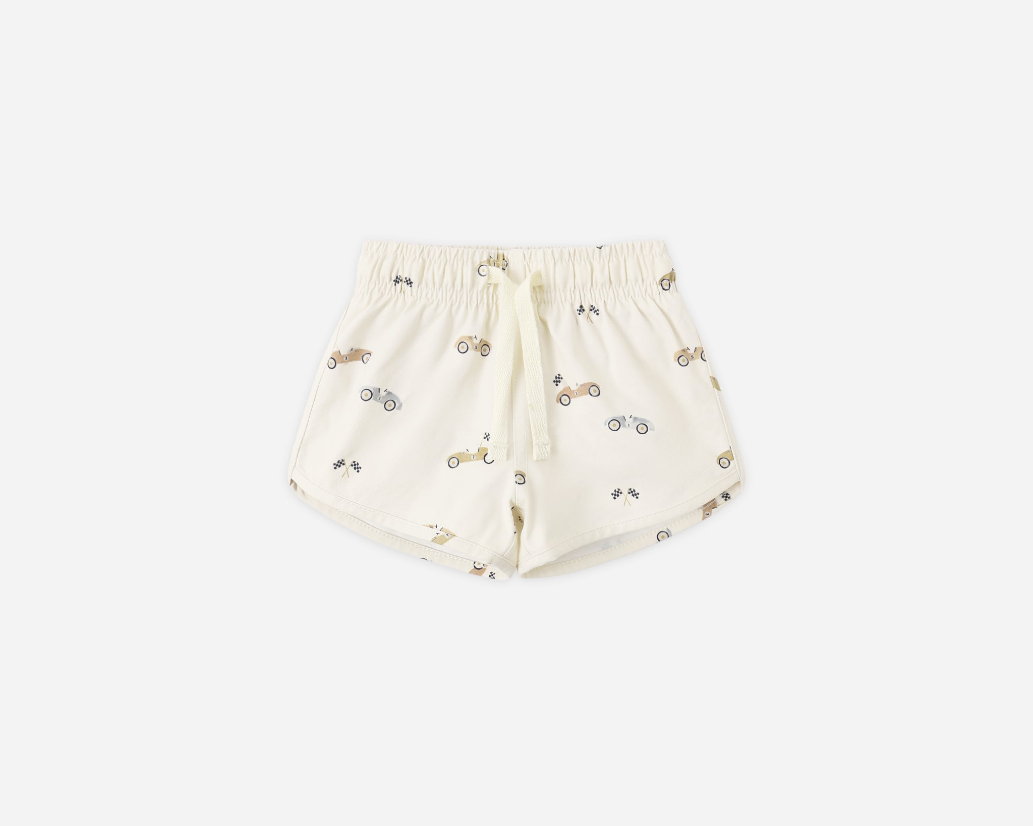 Rylee & Cru Boys Swim Short in Race Car, cream swim trunks with a small race car print, front view
