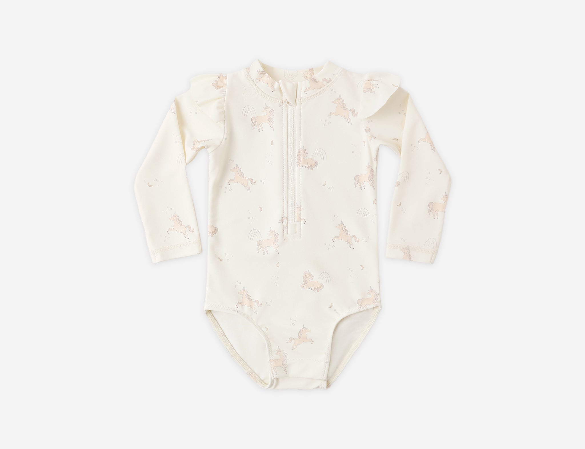 Rylee & Cru Byron Rashguard One-Piece in Unicorns, a cream long-sleeve baby swimsuit with a unicorn print