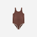 Rylee & Cru Chocolate Moxie One-Piece, a brown ribbed girls swimsuit with cream trim, laid flat