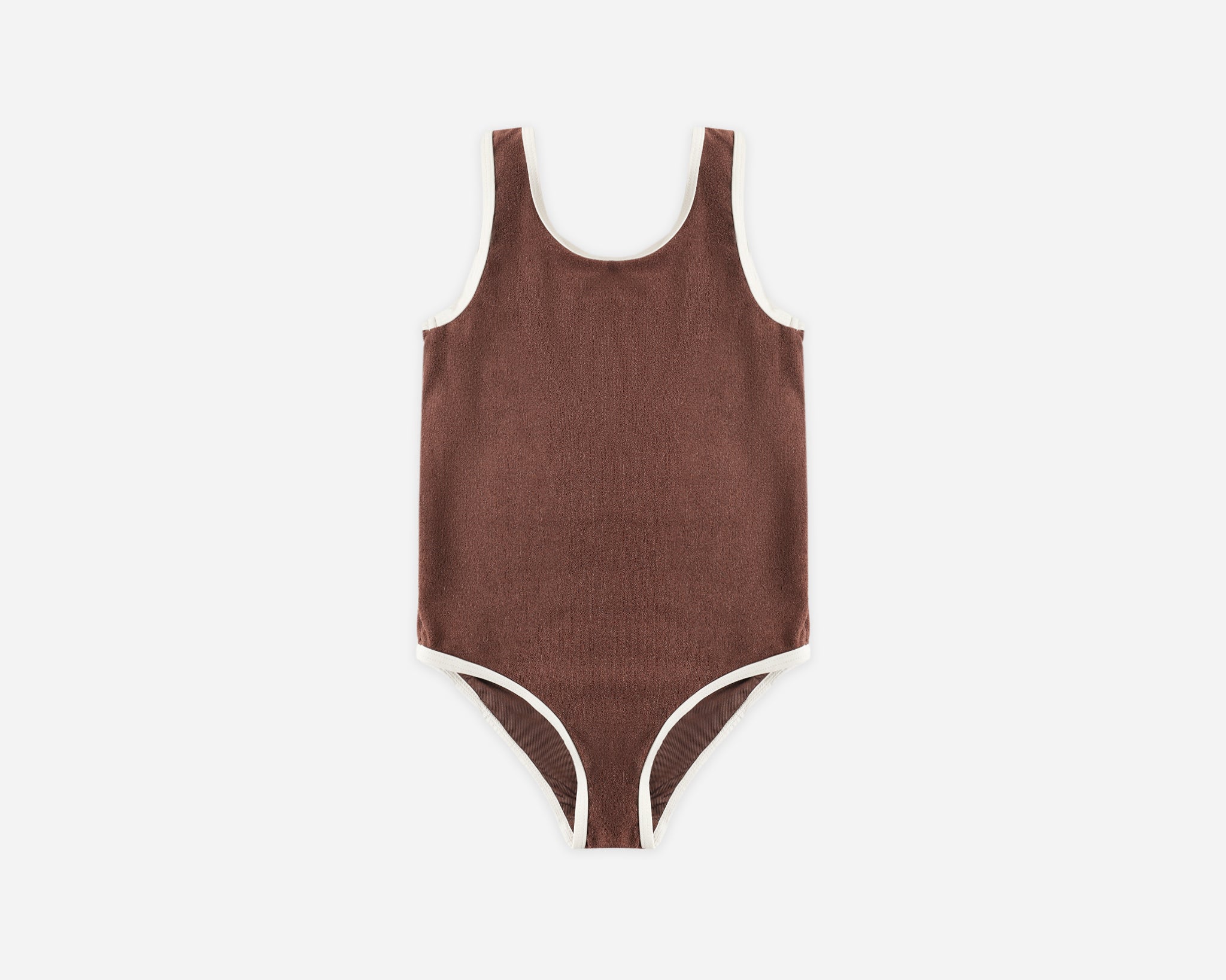 Rylee & Cru Chocolate Moxie One-Piece, a brown ribbed girls swimsuit with cream trim, laid flat