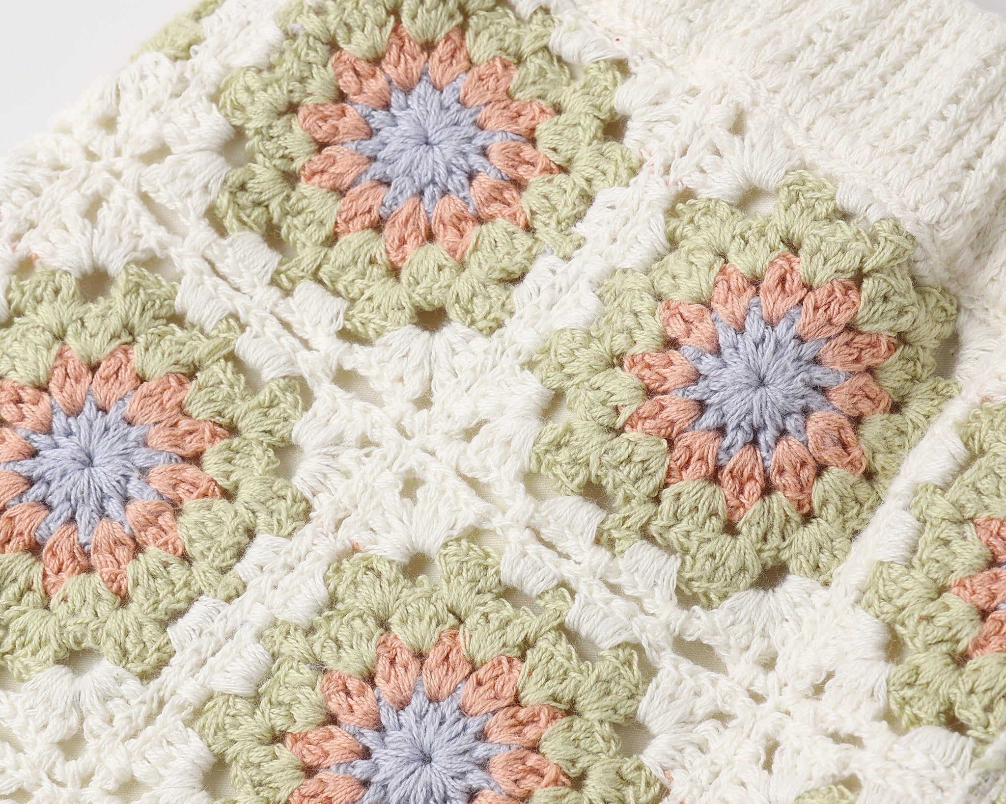 Close-up of the pastel granny-square crochet pattern on the Rylee & Cru Crochet Tank Set