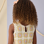Back view of a girl wearing the Rylee & Cru Crochet Tank Set showing the keyhole button closure