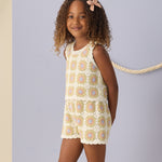 Girl with curly hair wearing the Rylee & Cru Crochet Tank Set in Citron Daisy Check, front view