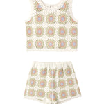 Rylee & Cru Crochet Tank Set in Citron Daisy Check, a granny-square crochet tank and matching shorts