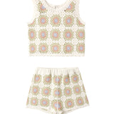Rylee & Cru Crochet Tank Set in Citron Daisy Check, a granny-square crochet tank and matching shorts