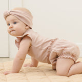 Baby crawling in the Rylee & Cru Flutter Sleeve Bodysuit in Blush with matching bloomers and headband