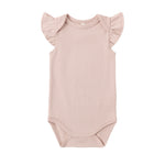 Rylee & Cru Flutter Sleeve Bodysuit in Blush, a pale pink baby bodysuit with ruffled sleeves, laid flat