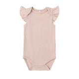 Rylee & Cru Flutter Sleeve Bodysuit in Blush, a pale pink baby bodysuit with ruffled sleeves, laid flat