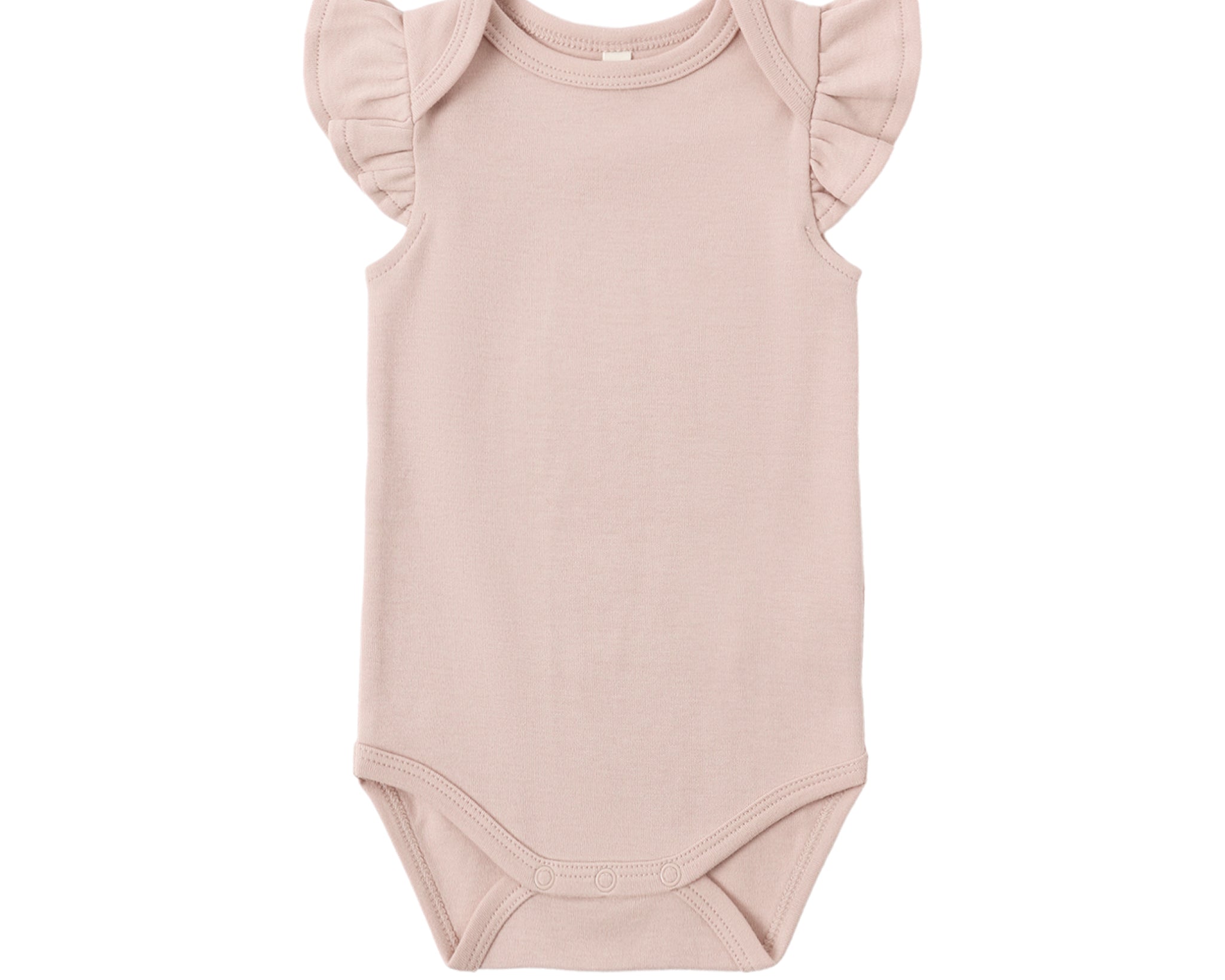 Rylee & Cru Flutter Sleeve Bodysuit in Blush, a pale pink baby bodysuit with ruffled sleeves, laid flat