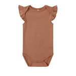 Rylee & Cru Flutter Sleeve Bodysuit in Poppy, a rust brown baby bodysuit with ruffled sleeves, laid flat