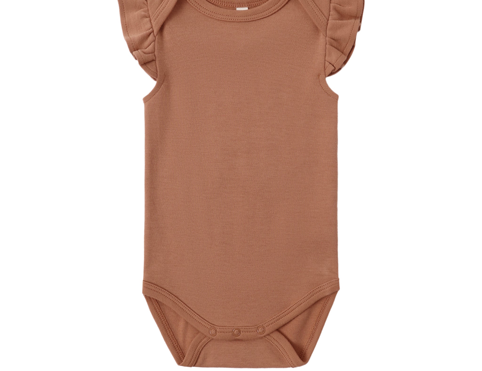 Rylee & Cru Flutter Sleeve Bodysuit in Poppy, a rust brown baby bodysuit with ruffled sleeves, laid flat