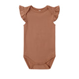 Rylee & Cru Flutter Sleeve Bodysuit in Poppy, a rust brown baby bodysuit with ruffled sleeves, laid flat