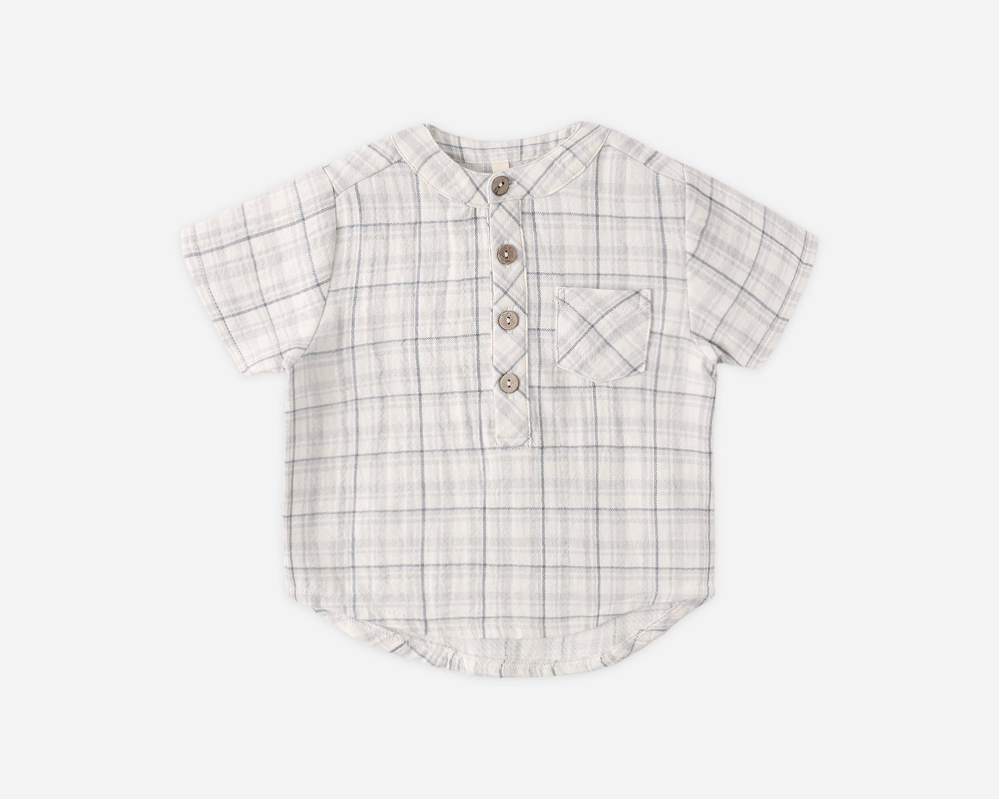 Rylee & Cru Jaxson Shirt in Blue Plaid, a cream and blue plaid short-sleeve henley with wooden buttons, laid flat