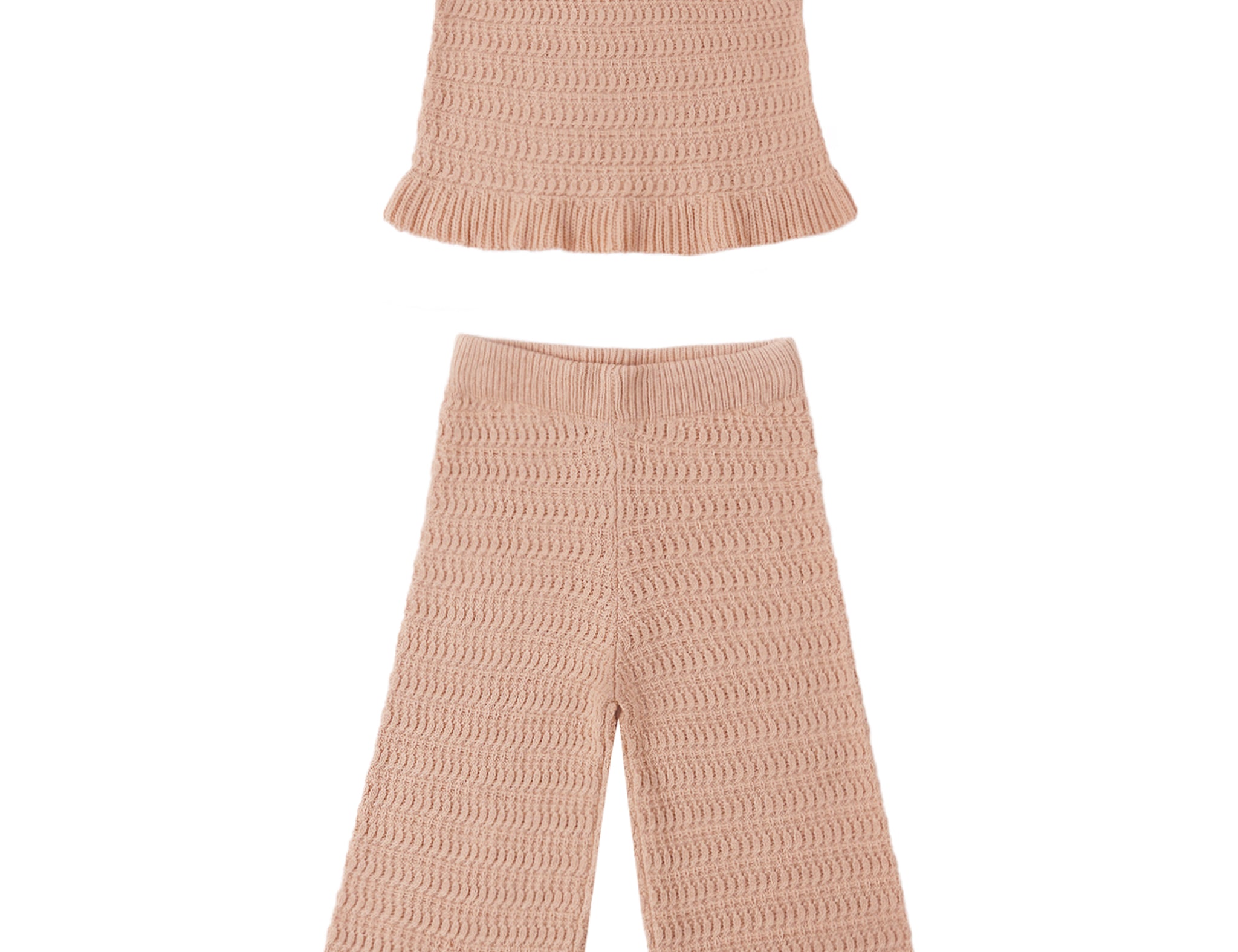 Rylee & Cru Mari Knit Set in Melon, a peach smocked tank and wide-leg pants, laid flat