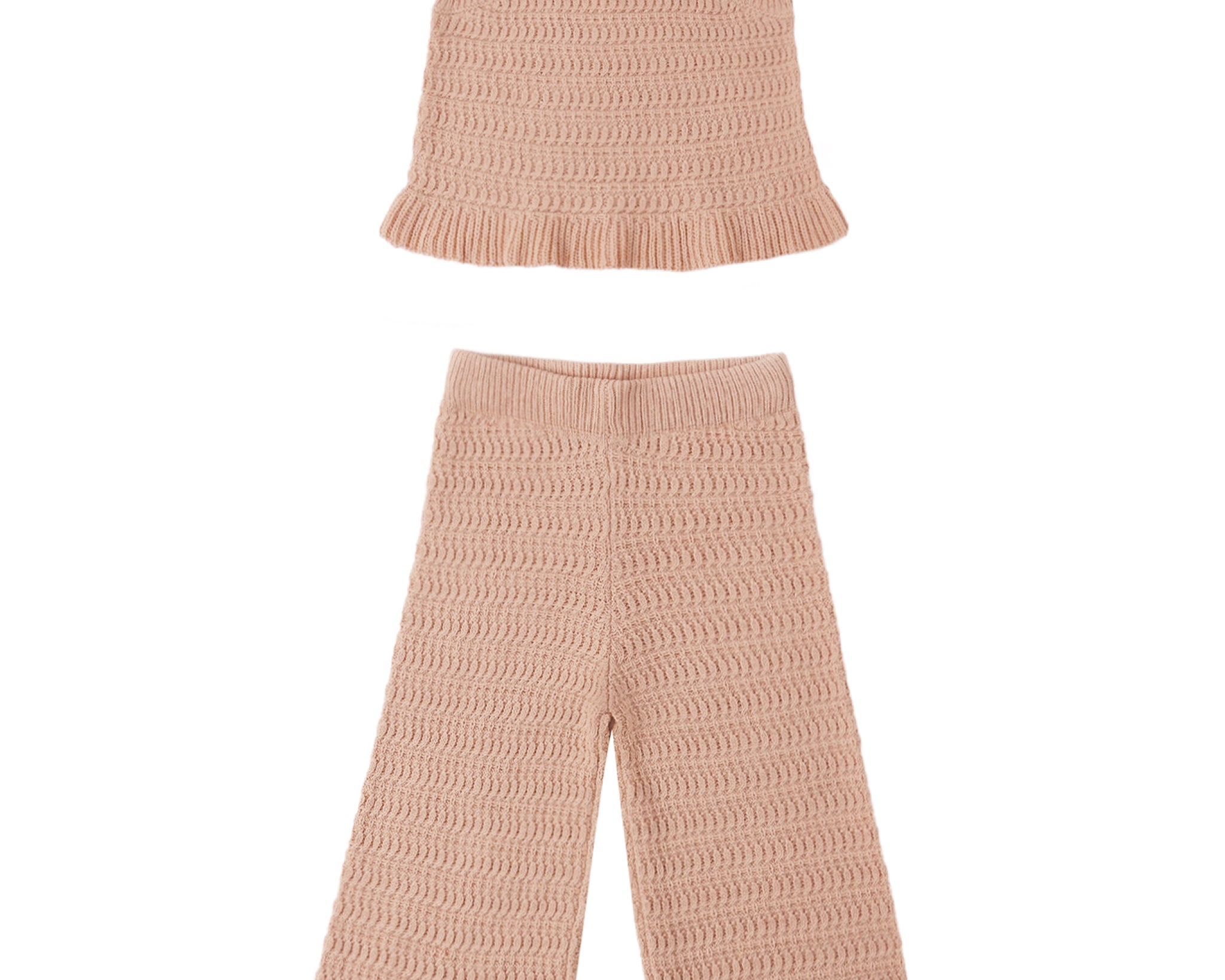 Rylee & Cru Mari Knit Set in Melon, a peach smocked tank and wide-leg pants, laid flat