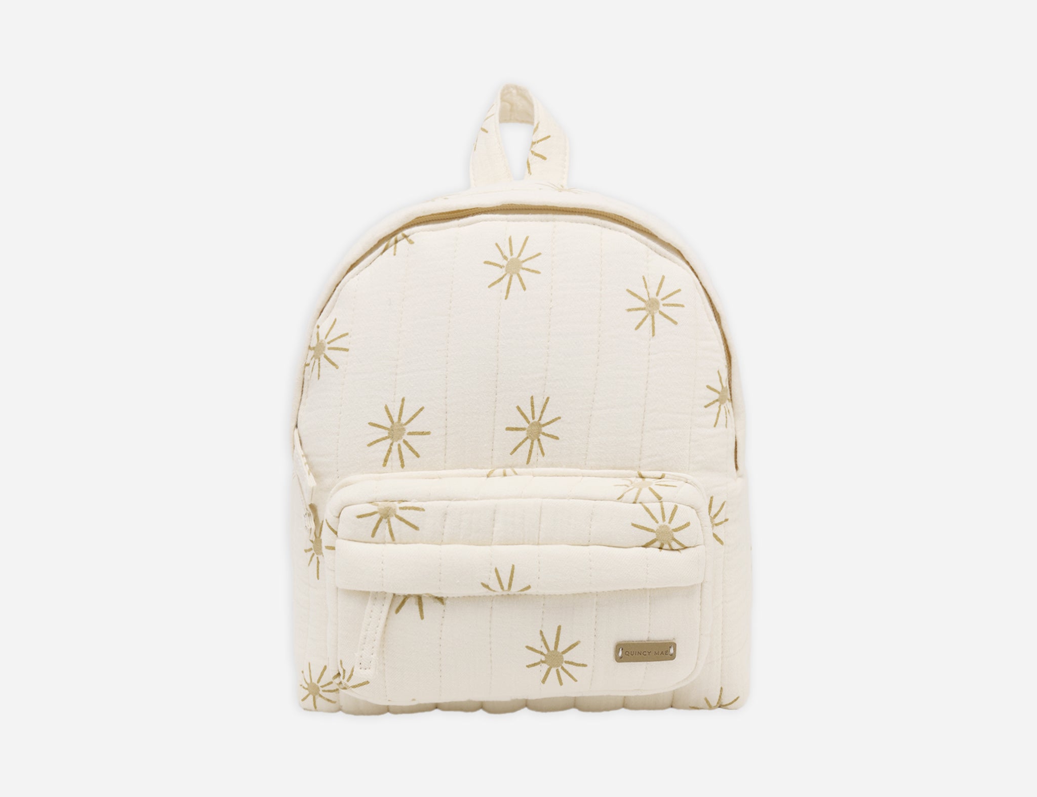 Rylee & Cru Mini Backpack in Sunburst, cream quilted backpack with a small gold sun print