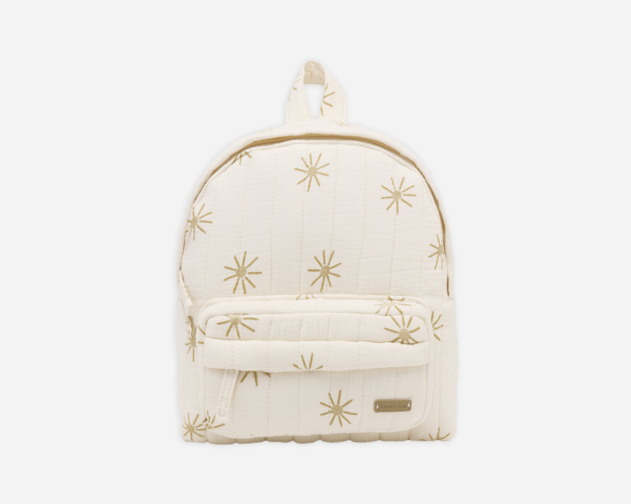 Rylee & Cru Mini Backpack in Sunburst, cream quilted backpack with a small gold sun print
