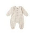 Rylee & Cru One-Piece Jumpsuit in Cedar Check, a tan gingham long-sleeve baby romper with buttons