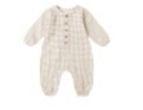 Rylee & Cru One-Piece Jumpsuit in Cedar Check, a tan gingham long-sleeve baby romper with buttons