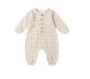 Rylee & Cru One-Piece Jumpsuit in Cedar Check, a tan gingham long-sleeve baby romper with buttons