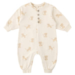 Rylee & Cru One-Piece Jumpsuit in Natural, a cream long-sleeve baby romper with a tiger print and buttons
