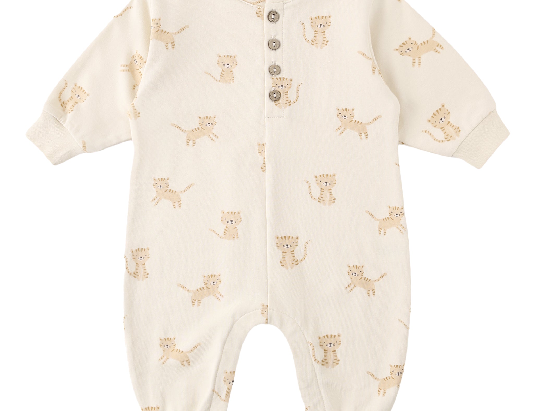 Rylee & Cru One-Piece Jumpsuit in Natural, a cream long-sleeve baby romper with a tiger print and buttons