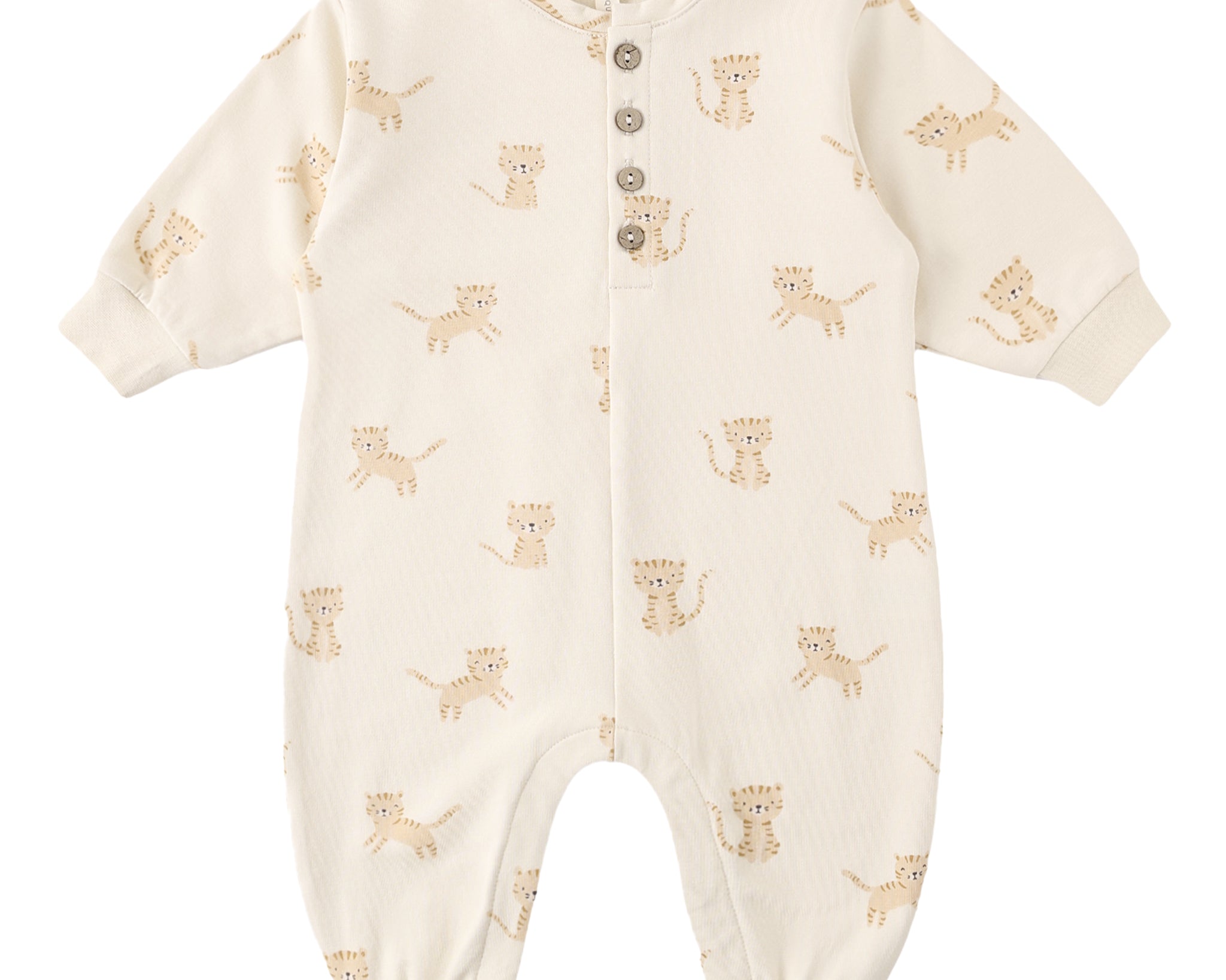 Rylee & Cru One-Piece Jumpsuit in Natural, a cream long-sleeve baby romper with a tiger print and buttons