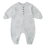Rylee & Cru One-Piece Jumpsuit in Sky, a light blue long-sleeve baby romper with a small print and buttons