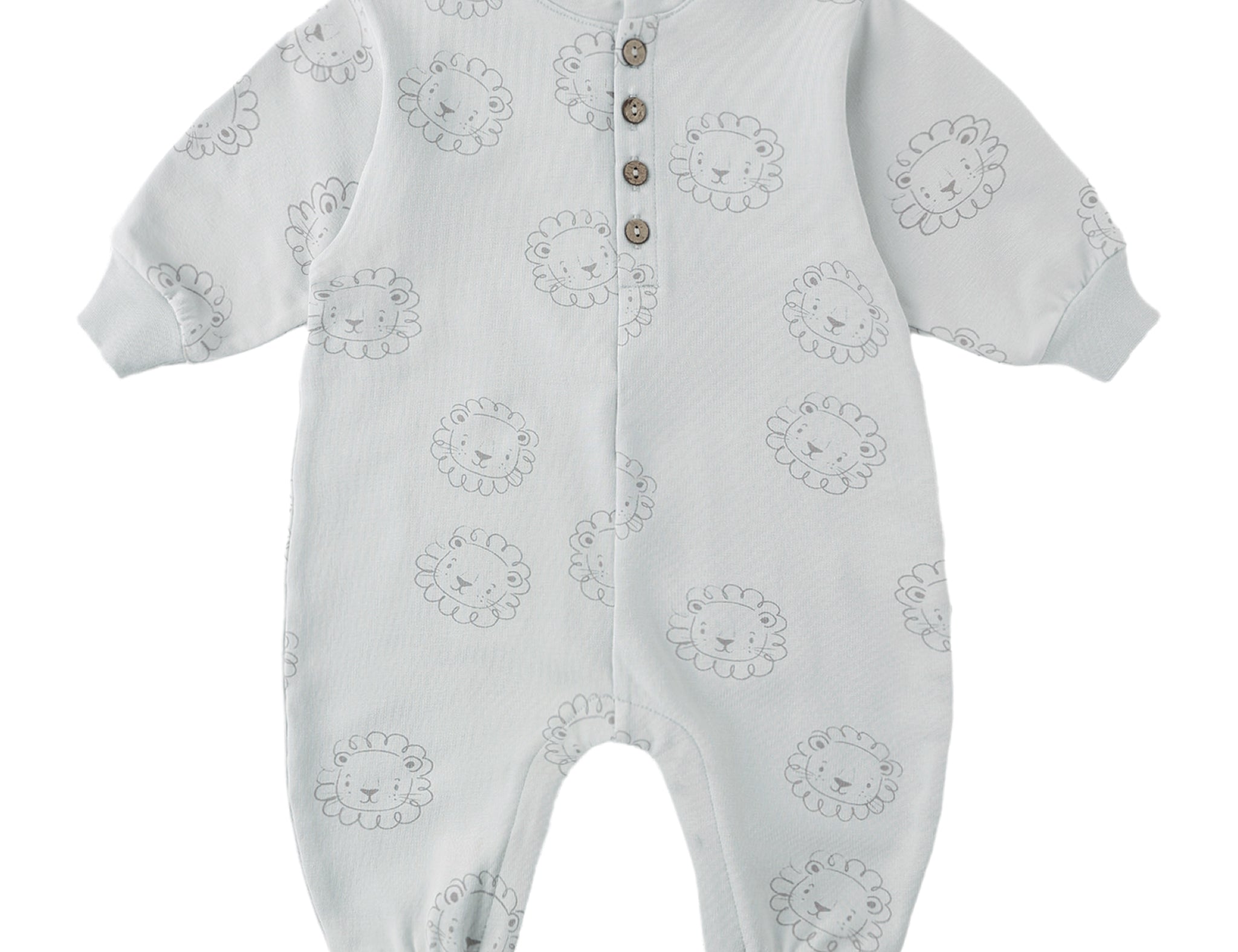 Rylee & Cru One-Piece Jumpsuit in Sky, a light blue long-sleeve baby romper with a small print and buttons