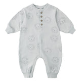 Rylee & Cru One-Piece Jumpsuit in Sky, a light blue long-sleeve baby romper with a small print and buttons