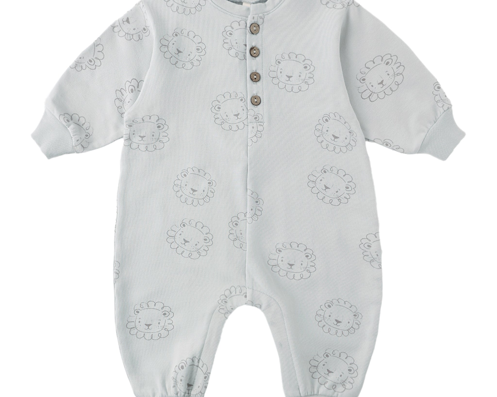 Rylee & Cru One-Piece Jumpsuit in Sky, a light blue long-sleeve baby romper with a small print and buttons