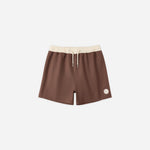Rylee & Cru Paneled Boardshort in Chocolate, brown swim shorts with a cream waistband, laid flat
