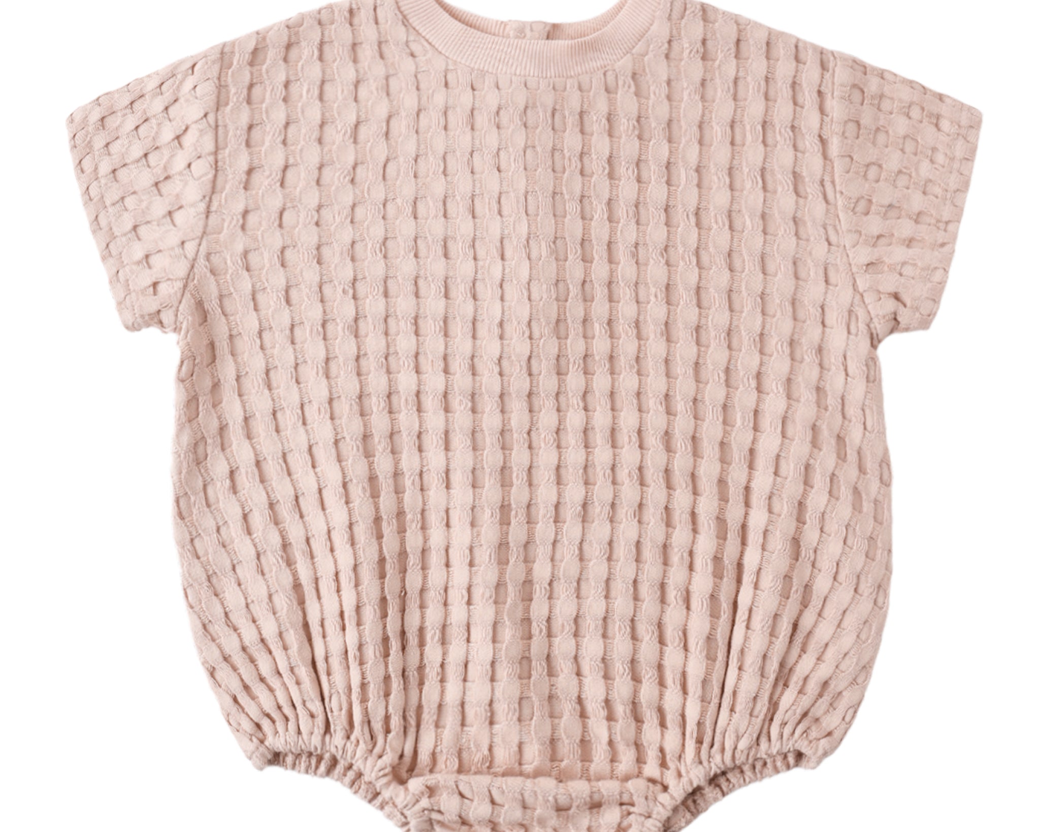 Rylee & Cru Relaxed Bubble Romper in Blush, a pale pink waffle-knit baby romper, laid flat