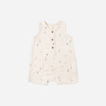 Rylee & Cru Romper in Space, a cream sleeveless gauze baby romper with a small rocket and planet print
