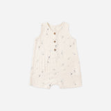 Rylee & Cru Romper in Space, a cream sleeveless gauze baby romper with a small rocket and planet print