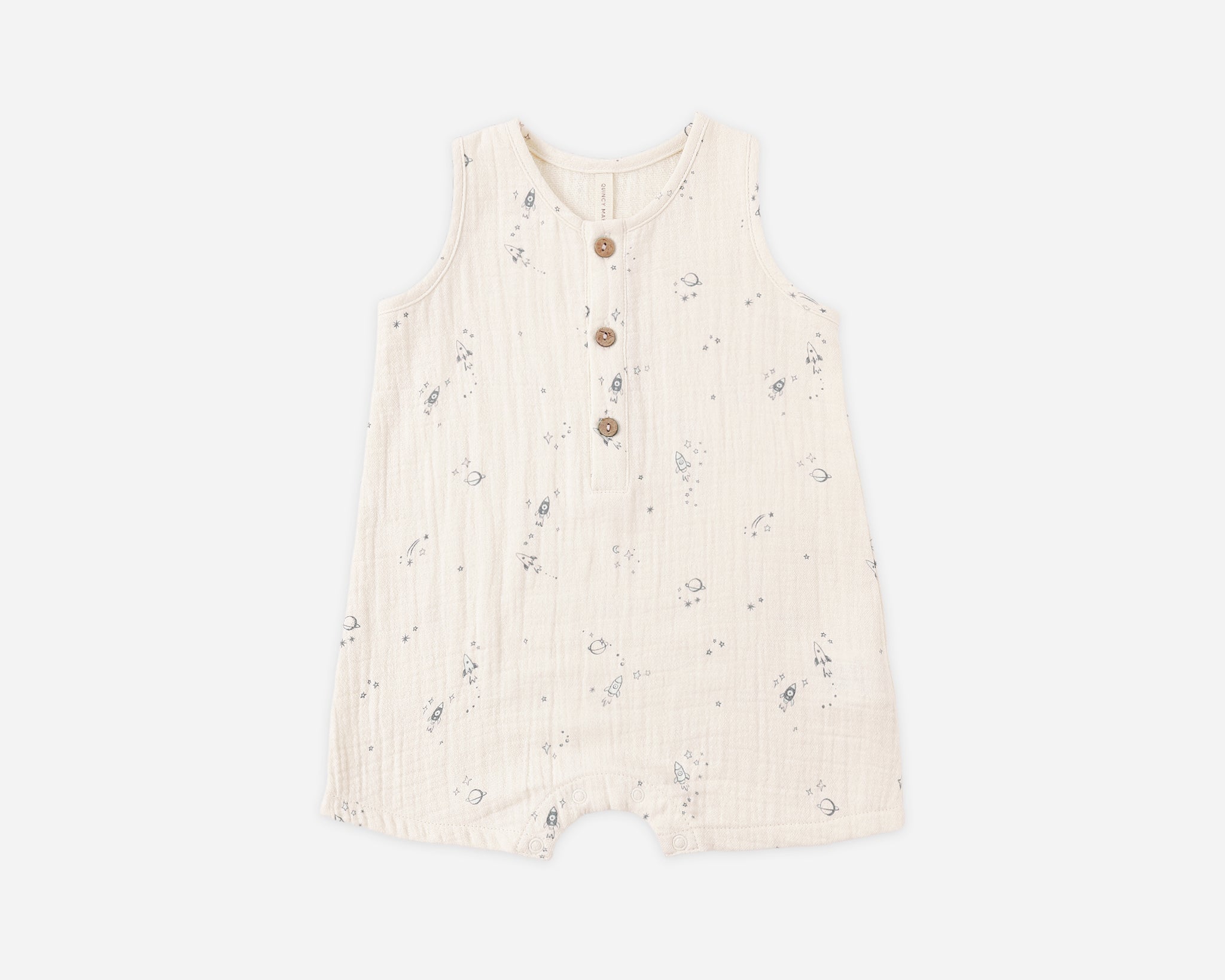 Rylee & Cru Romper in Space, a cream sleeveless gauze baby romper with a small rocket and planet print