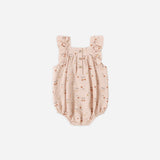 Rylee & Cru Ruffle Romper in Cherries, front view laid flat