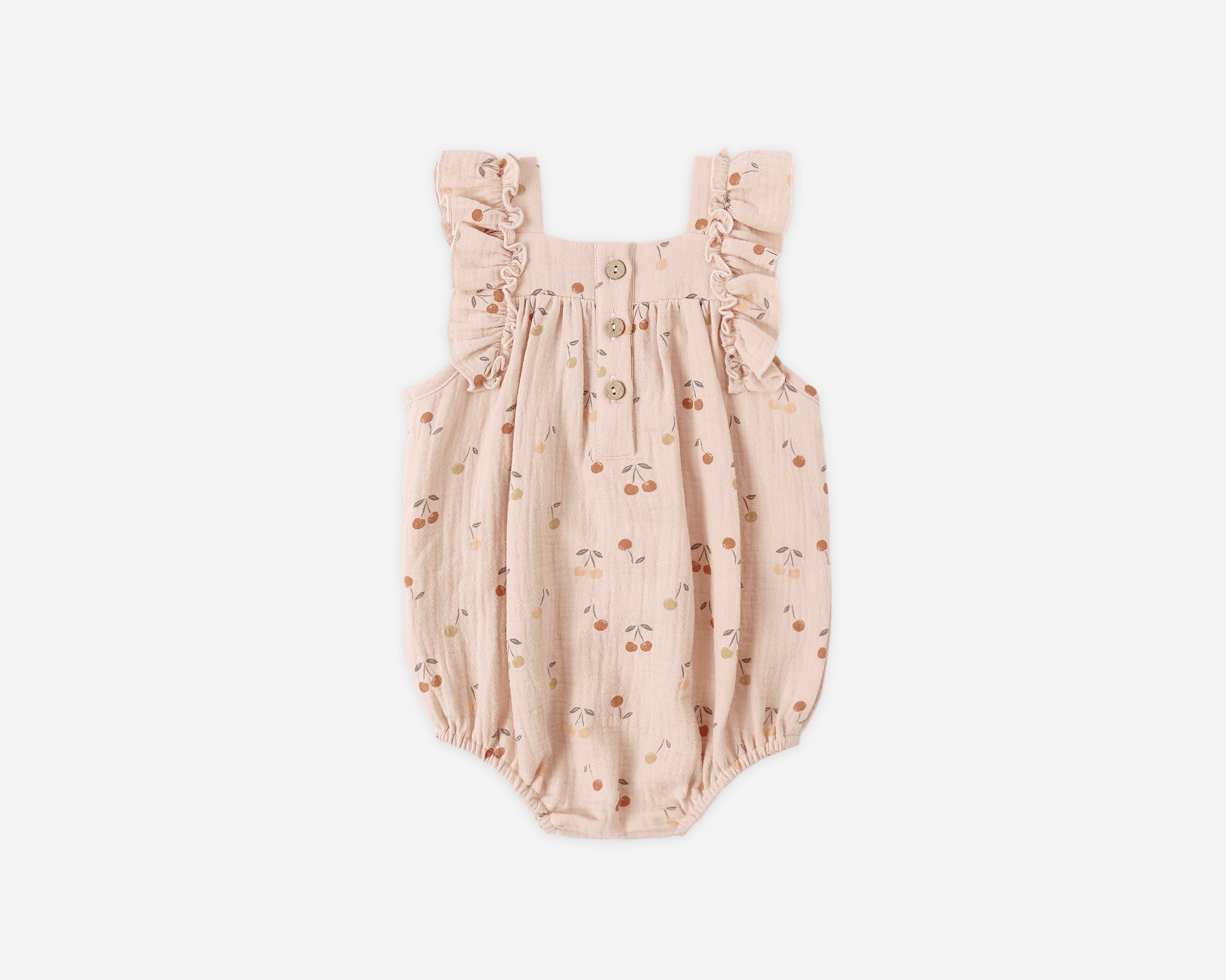 Rylee & Cru Ruffle Romper in Cherries, front view laid flat