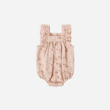 Rylee & Cru Ruffle Romper in Cherries, a blush pink baby romper with a cherry print and ruffle sleeves
