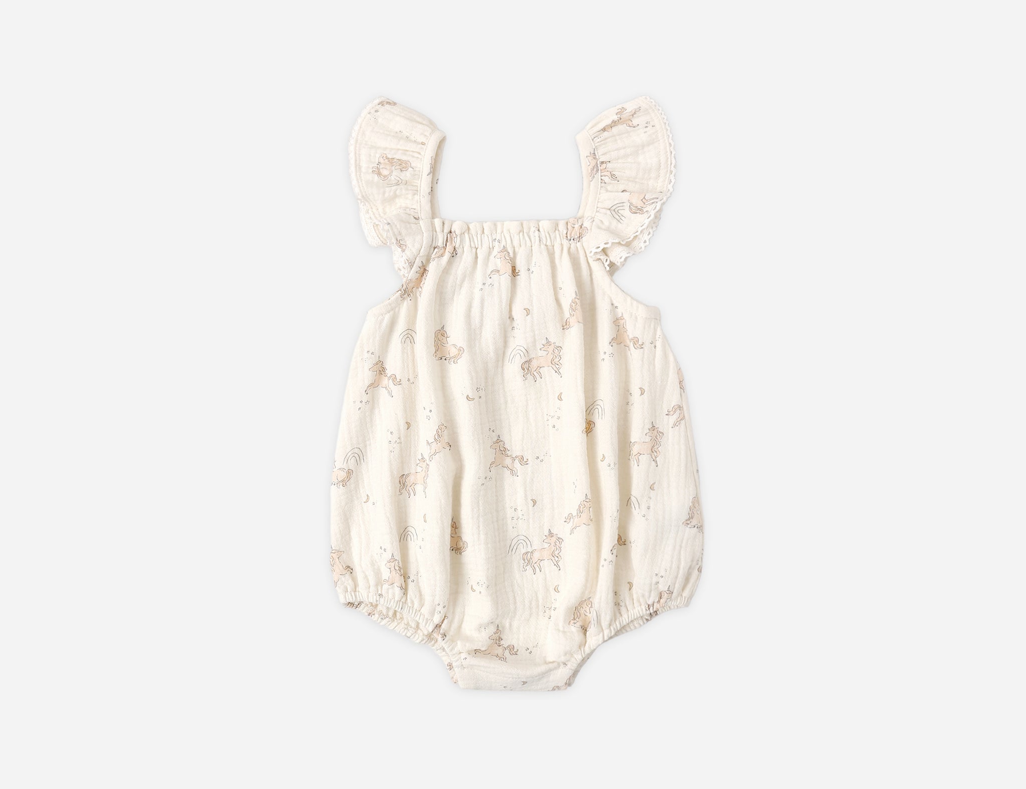 Rylee & Cru Ruffle Romper in Unicorns, a cream baby romper with a small unicorn print and ruffle sleeves