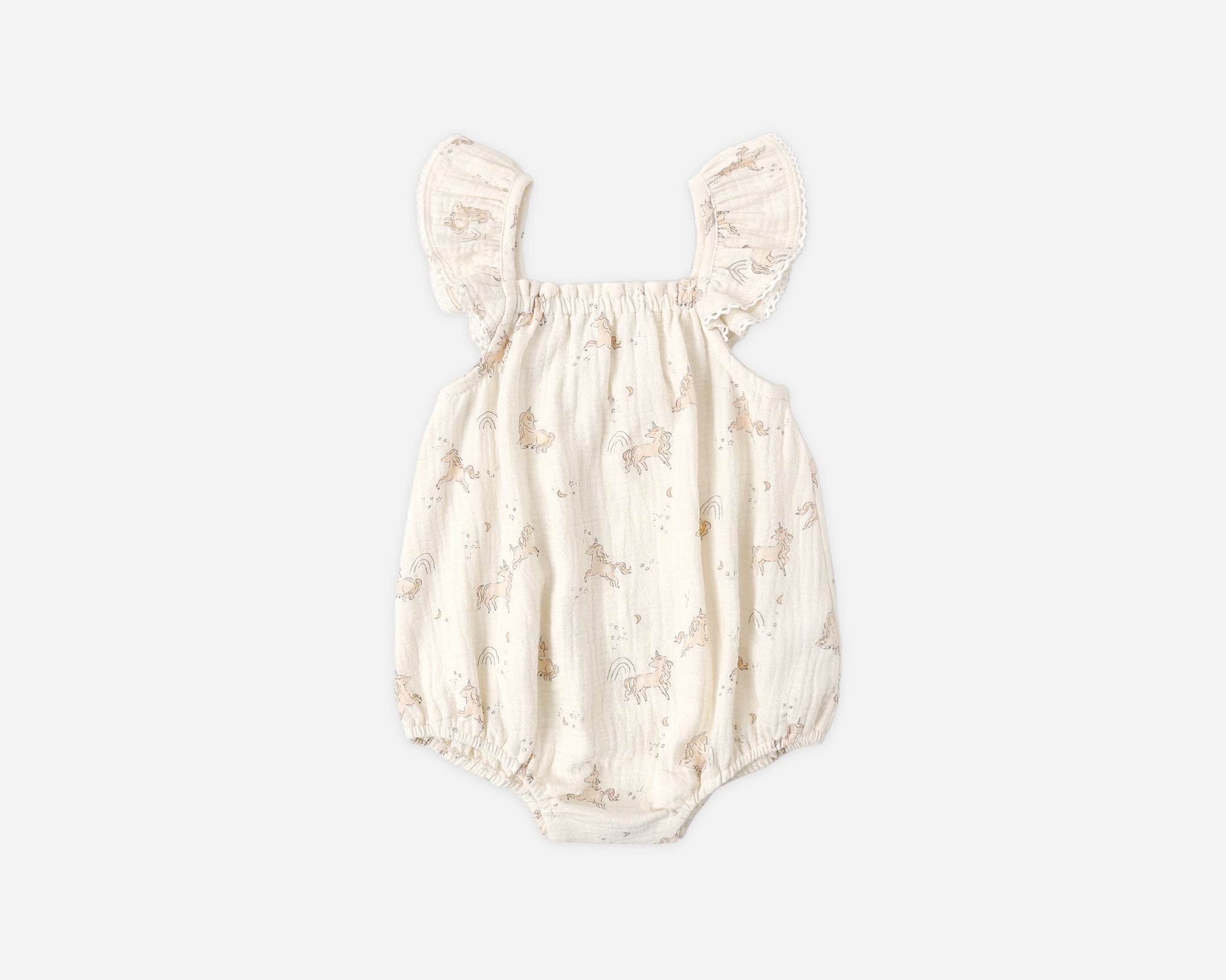 Rylee & Cru Ruffle Romper in Unicorns, a cream baby romper with a small unicorn print and ruffle sleeves