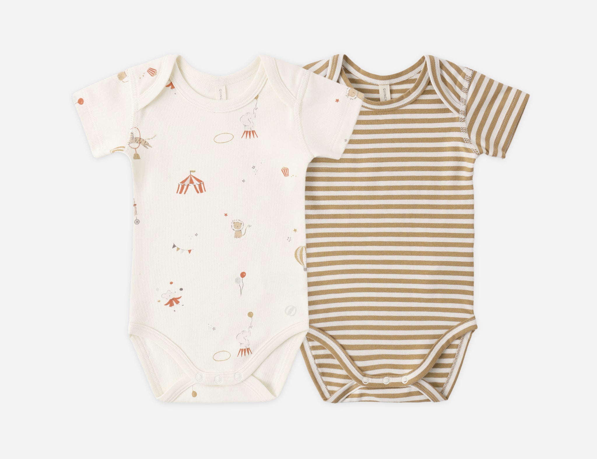 Rylee & Cru Short Sleeve Bodysuit Pack in Race Car & Oat Micro Stripe, a cream race car print and a tan striped bodysuit
