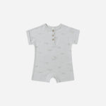 Rylee & Cru Short Sleeve One-Piece in Airplanes, a light blue baby romper with a small airplane print