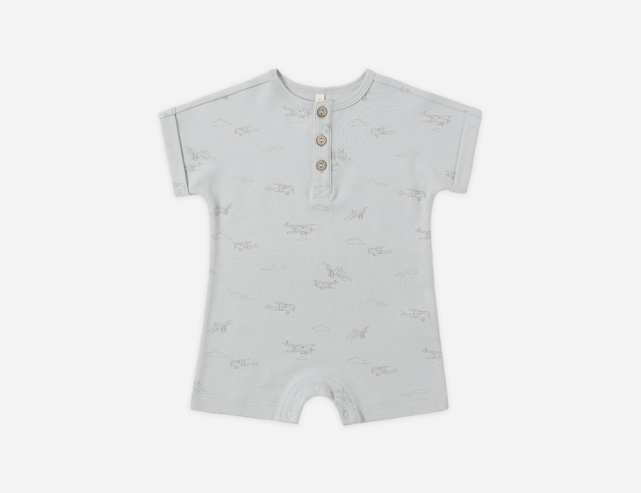 Rylee & Cru Short Sleeve One-Piece in Airplanes, a light blue baby romper with a small airplane print
