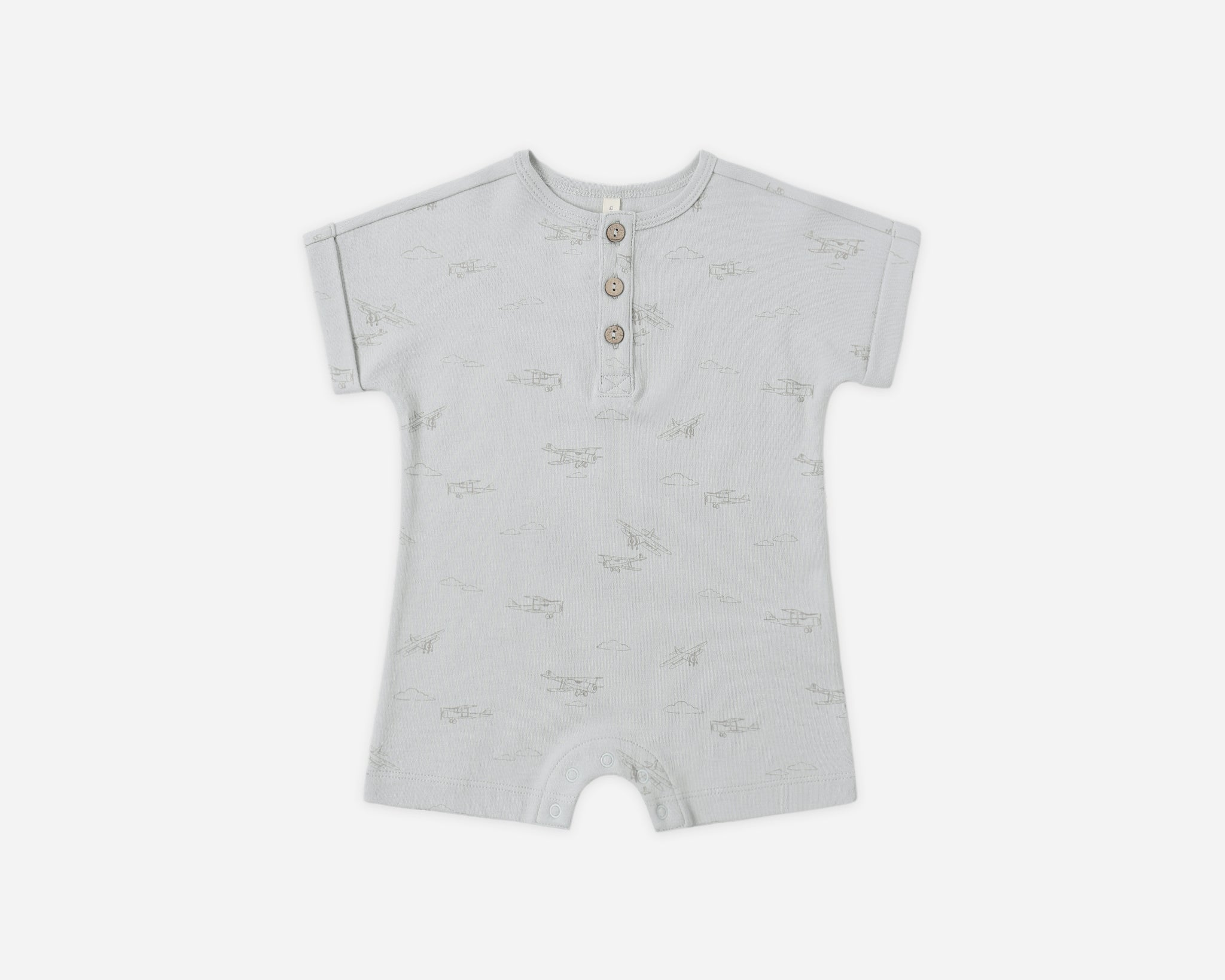 Rylee & Cru Short Sleeve One-Piece in Airplanes, a light blue baby romper with a small airplane print