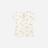 Rylee & Cru Short Sleeve One-Piece in Race Car, a cream baby romper with a small race car print