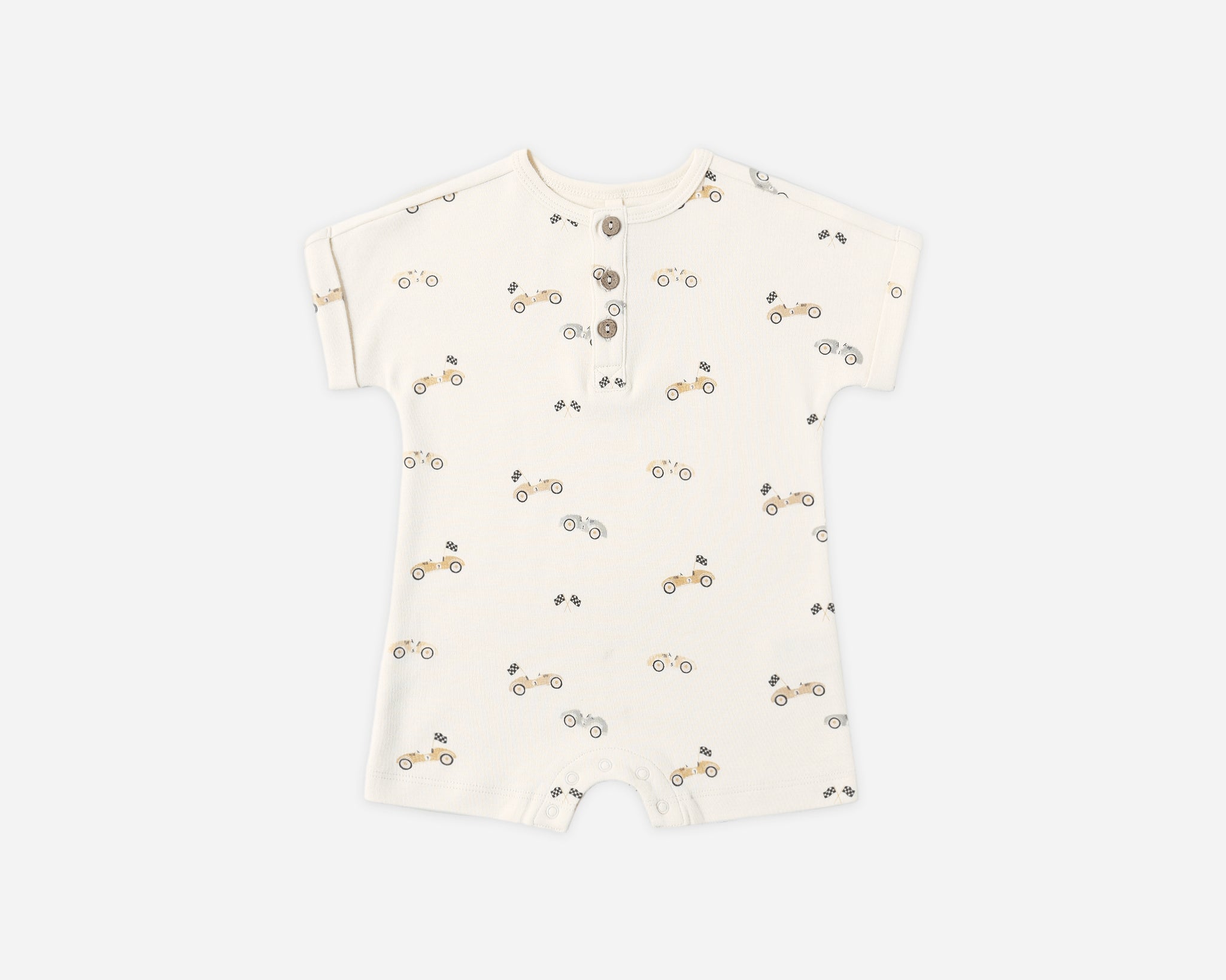 Rylee & Cru Short Sleeve One-Piece in Race Car, a cream baby romper with a small race car print