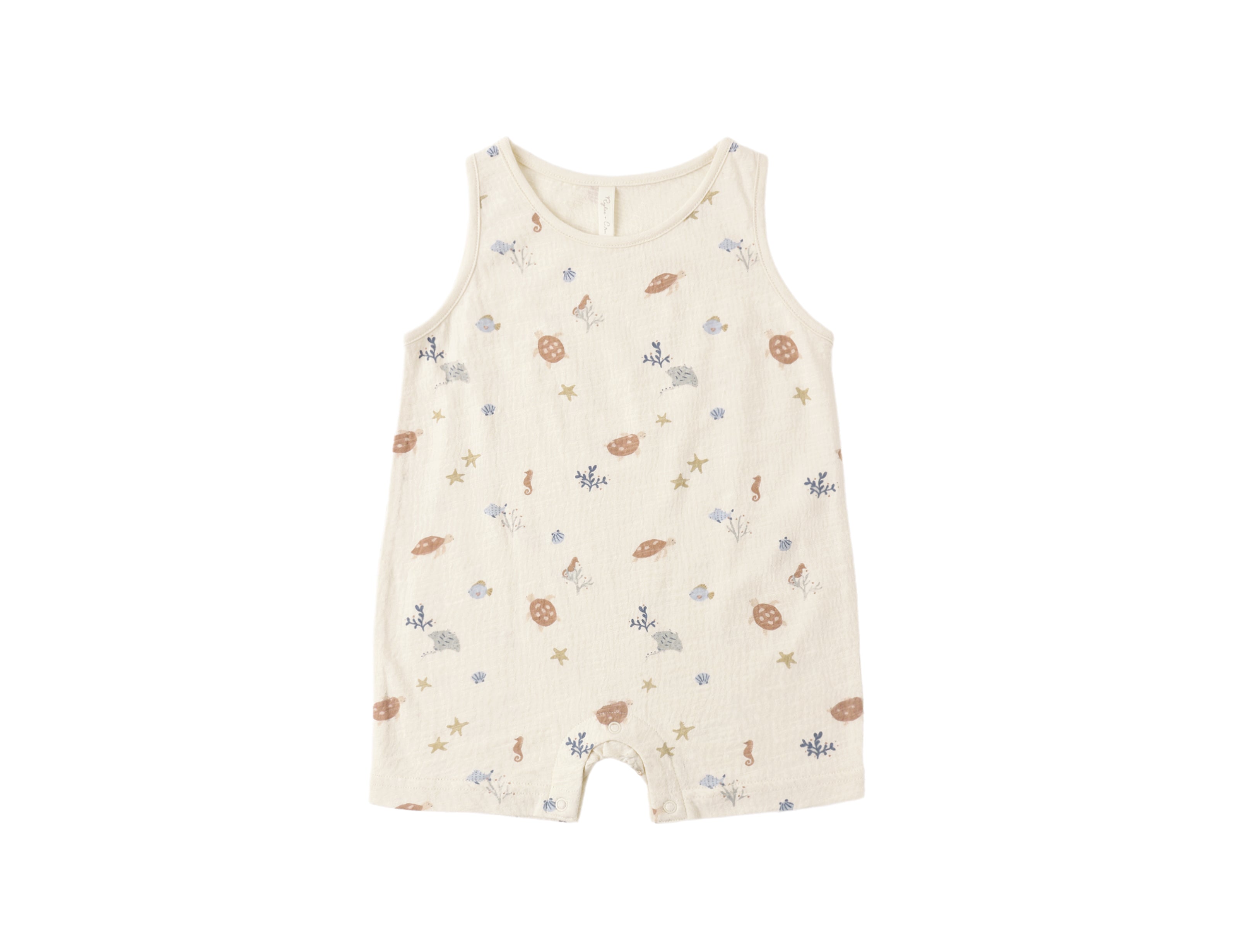 Rylee & Cru Sleeveless One-Piece in Aquamarine, cream baby romper with a small sea creature print